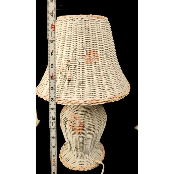 Vintage Wicker Table Lamp With Hand-Painted Floral Details & Shade - Picture 3 of 12
